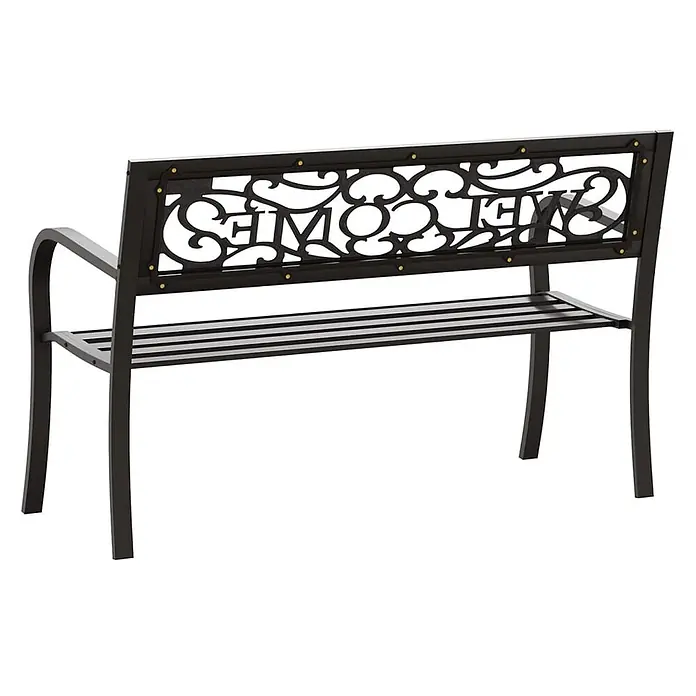 Furnicato Gartenbank pulverbeschichtet - B x T x H: 125 x 53 x 77 cm, Schwarz - Schwarze Metallgartenbank mit dekorativer Rückenlehne mit "WELCOME"-Schriftzug.