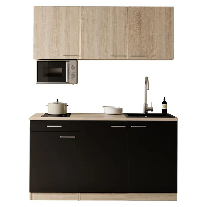 Respekta Miniküche Ingrid - Breite: 150 cm, Schwarz, Mit Kochfeld + Mikrowelle - Moderne Küche mit hellen Holz-Oberschränken, schwarzen Unterschränken, Mikrowelle, Spüle und Induktionskochfeld.
