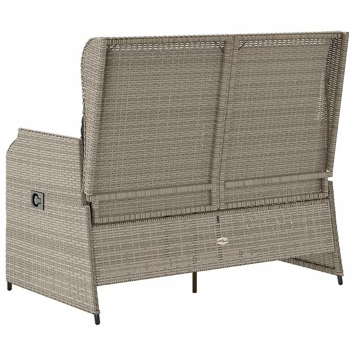 Furnicato Gartenbank - Hellgrau - Rücken- und Seitenansicht eines hellgrauen Polyrattan-Gartensofas mit dunklem C-förmigem Griff an der Armlehne.