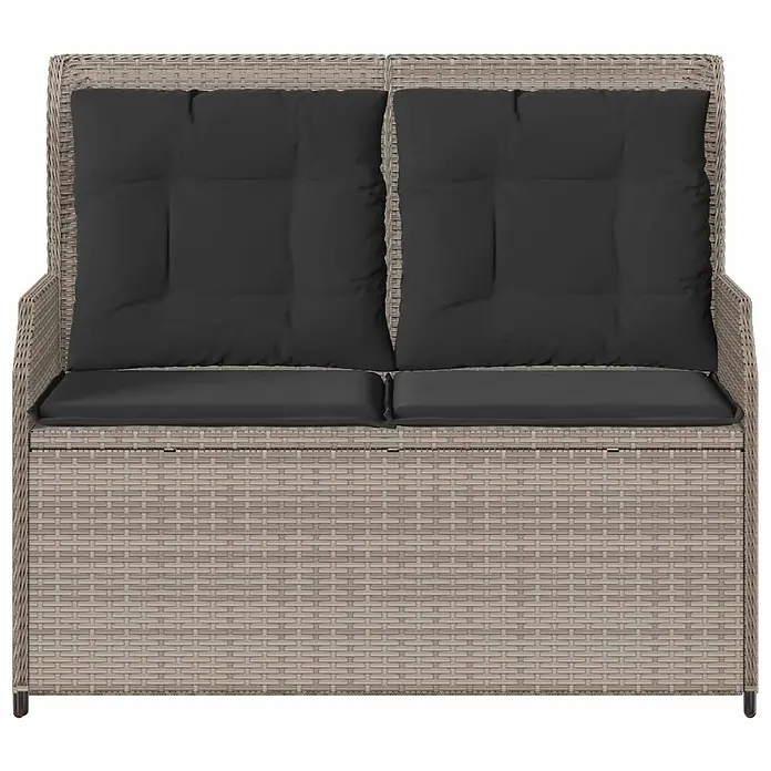 Furnicato Gartenbank - Hellgrau - Hellgraue 2-Sitzer Outdoor-Aufbewahrungsbank aus Polyrattan mit dunkelgrauen Kissen.