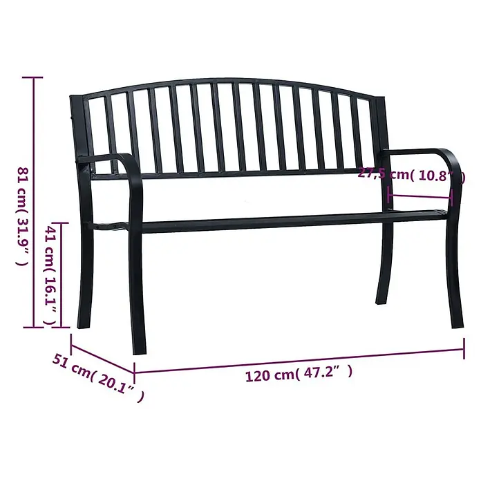 Furnicato Gartenbank pulverbeschichtet - B x T x H: 120 x 51 x 81 cm, Schwarz - Schwarze Metallgartenbank mit Lattenrost-Design und Armlehnen.