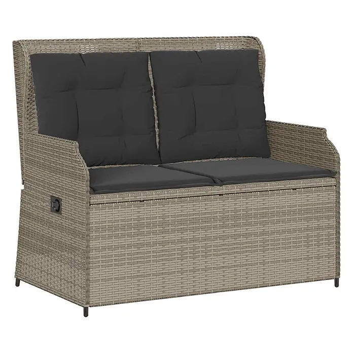 Furnicato Gartenbank - Hellgrau - Beige Polyrattan Gartenbank für zwei Personen mit dunkelgrauen Kissen und integriertem Stauraum.