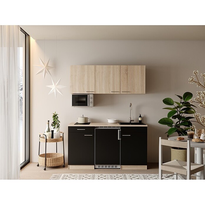 Respekta Miniküche Ingrid (Breite: 150 cm, Schwarz, Mit Kochfeld + Kühlschrank + Mikrowelle) | BAUHAUS