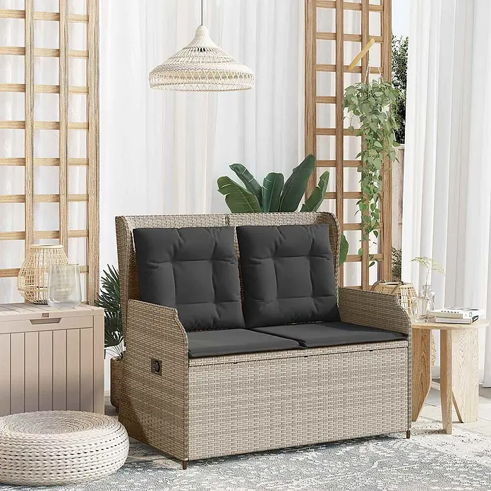 Furnicato Gartenbank - Hellgrau - Beige Rattan-Look Outdoor-Sitzbank mit Stauraum und dunkelgrauen Kissen für Garten oder Terrasse.