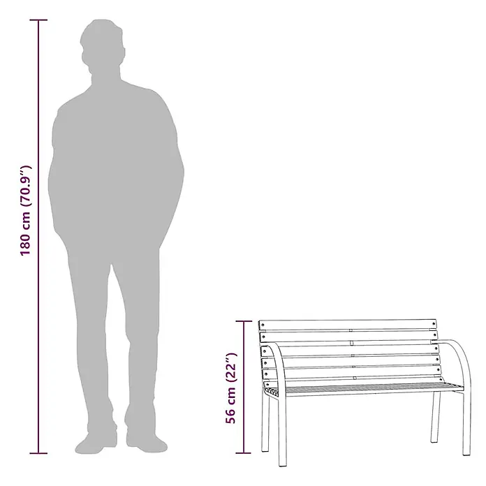 Furnicato Gartenbank Chinesisches Tannenholz - B x T x H: 81 x 38 x 56 cm, Grau - Eine Bank aus Holzlatten und Metall, zum Größenvergleich neben einer 180 cm großen Person. Die Bankhöhe beträgt 56 cm.