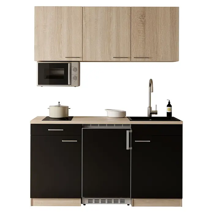 Respekta Miniküche Ingrid - Breite: 150 cm, Schwarz, Mit Kochfeld + Kühlschrank + Mikrowelle - Kompakte Küchenzeile mit hellen Holz-Oberschränken und schwarzen Unterschränken, inkl. Mikrowelle, Kochfeld, Spüle und integriertem Kühlschrank.
