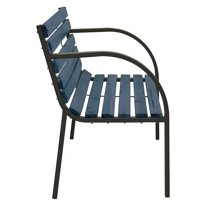 Furnicato Gartenbank Chinesisches Tannenholz - B x T x H: 81 x 38 x 56 cm, Grau - Blaue Gartenbank mit Holzlatten und dunklem Metallrahmen, Seitenansicht.
