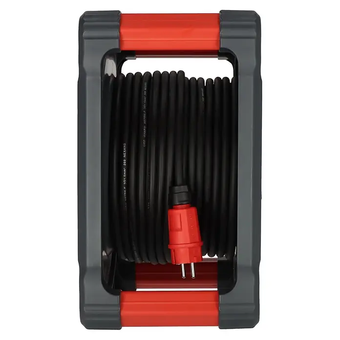 Brennenstuhl Kabeltrommel KA 3100 5 - Kunststoff, 33 m, H07RN-F, IP44 - Schwarze Verlängerungskabeltrommel mit rotem Stecker und dunkelgrauem Rahmen.