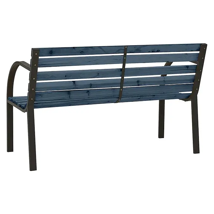 Furnicato Gartenbank Chinesisches Tannenholz - B x T x H: 81 x 38 x 56 cm, Grau - Eine blaue Gartenbank aus Holzlatten mit dunklem Metallrahmen und Armlehnen, von hinten rechts gesehen.