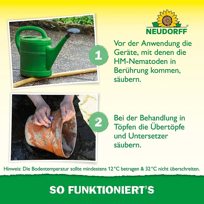 Neudorff Bestellkarte Nützlinge - Dickmaulrüssler, Max. Anwendungsfläche: 10 m² - Eine grüne Gießkanne und Hände reinigen einen Terrakottatopf als Vorbereitungsschritte zur Produktanwendung.
