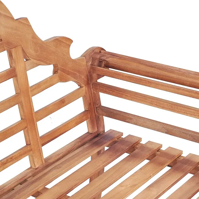 Furnicato Gartenbank Teak-Hartholz - B x T x H: 127 x 58,5 x 92,5 cm, Braun - Nahaufnahme einer braunen Holzgartenbank mit Lamellen, die Armlehne, Rückenlehne und den Sitz zeigt.