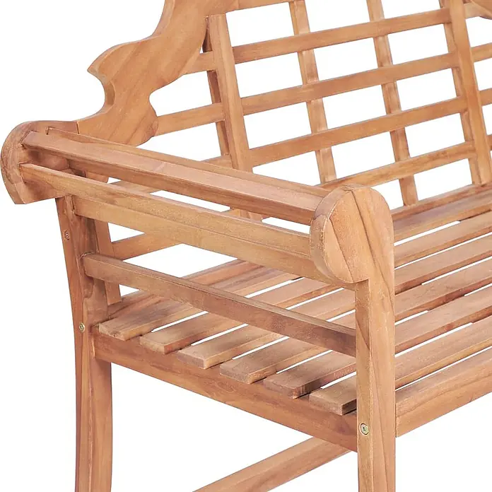 Furnicato Gartenbank Teak-Hartholz - B x T x H: 127 x 58,5 x 92,5 cm, Braun - Nahaufnahme einer Gartenbank aus Holz mit Lattenrückenlehne und -sitz, zeigt die Armlehne und natürliche Holzmaserung.