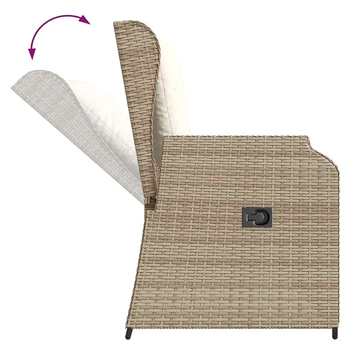 Furnicato Gartenbank Poly-Rattan - B x T x H: 104 x 110 x 95 cm, Beige und Cremeweiß - Beige Rattan-Aufbewahrungsbox mit offenem Deckel, der weiße Kissen zeigt. Mit schwarzem Griff.