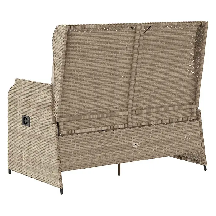 Furnicato Gartenbank Poly-Rattan - B x T x H: 104 x 110 x 95 cm, Beige und Cremeweiß - Rückansicht eines beigen Flecht-Rattan 2-Sitzer Gartensofas. Robustes Outdoor-Sitzmöbel mit strukturierter Oberfläche.