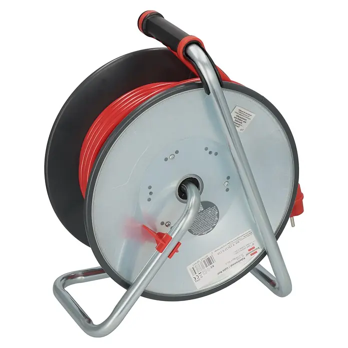 Brennenstuhl Kabeltrommel SC 3110 - Stahlblech, 33 m, H07BQ, IP44 - Rote Kabeltrommel mit schwarzer Trommel und silbernem Metallständer.