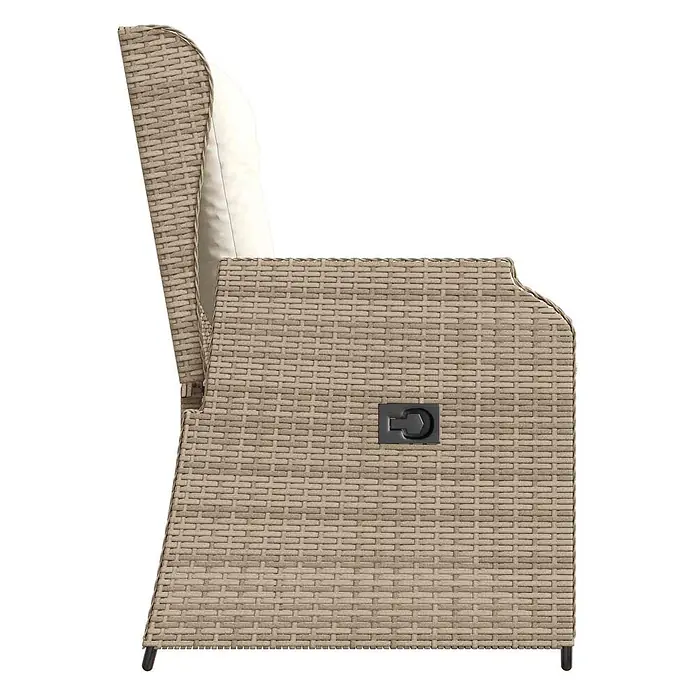 Furnicato Gartenbank Poly-Rattan - B x T x H: 104 x 110 x 95 cm, Beige und Cremeweiß - Beige Rattan-Gartenarmlehner, Seitenansicht, mit cremefarbenem Kissen und schwarzem Verstellgriff.