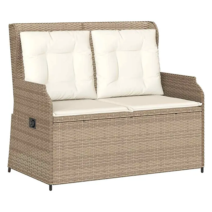 Furnicato Gartenbank Poly-Rattan - B x T x H: 104 x 110 x 95 cm, Beige und Cremeweiß - Helle beige Rattan 2-Sitzer Garten-Aufbewahrungsbank mit cremefarbenen Kissen.