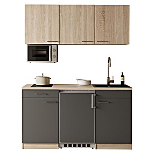 Respekta Miniküche Ingrid (Breite: 150 cm, Grau, Mit Kochfeld + Kühlschrank + Mikrowelle)