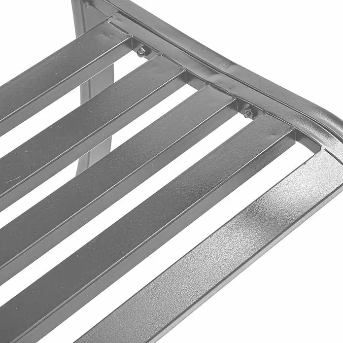 Furnicato Gartenbank Stahl Kunststoff - B x T x H: 120 x 51 x 76 cm, Schwarz - Nahaufnahme von dunkelgrauen Metallstreben, möglicherweise ein Regal oder Lattenrost, mit sichtbaren Montageschrauben.