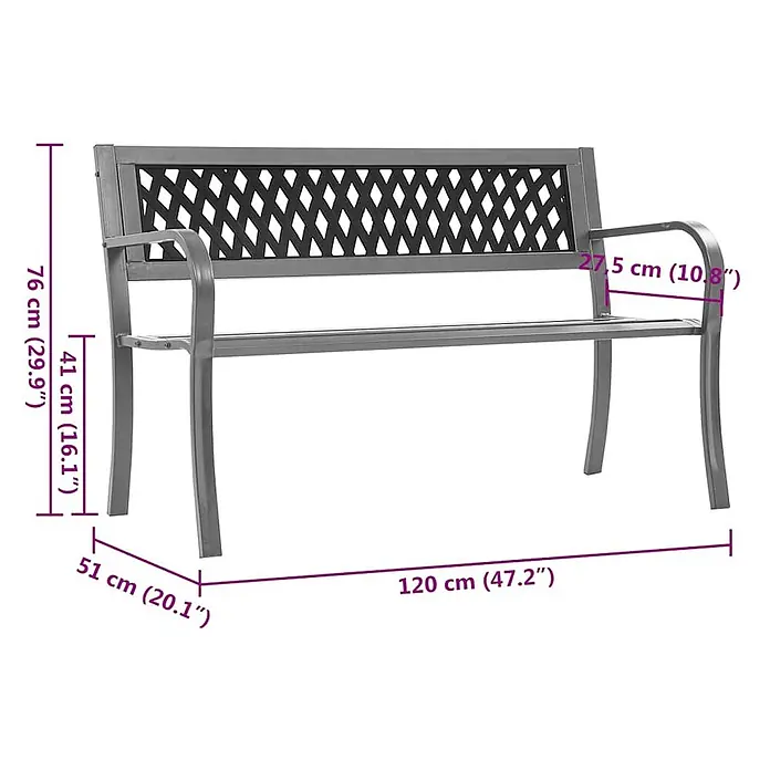 Furnicato Gartenbank Stahl Kunststoff - B x T x H: 120 x 51 x 76 cm, Schwarz - Graue Metallgartenbank mit Armlehnen und gemusterter Rückenlehne, Maße sind angegeben.