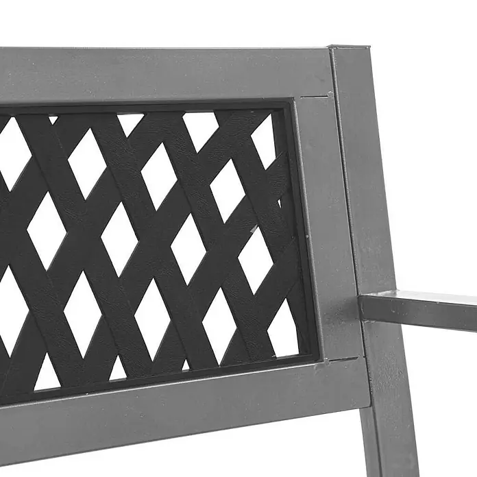 Furnicato Gartenbank Stahl Kunststoff - B x T x H: 120 x 51 x 76 cm, Schwarz - Nahaufnahme einer dunkelgrauen Metallrückenlehne mit schwarzem Rautengittereinsatz für Stuhl oder Bank.