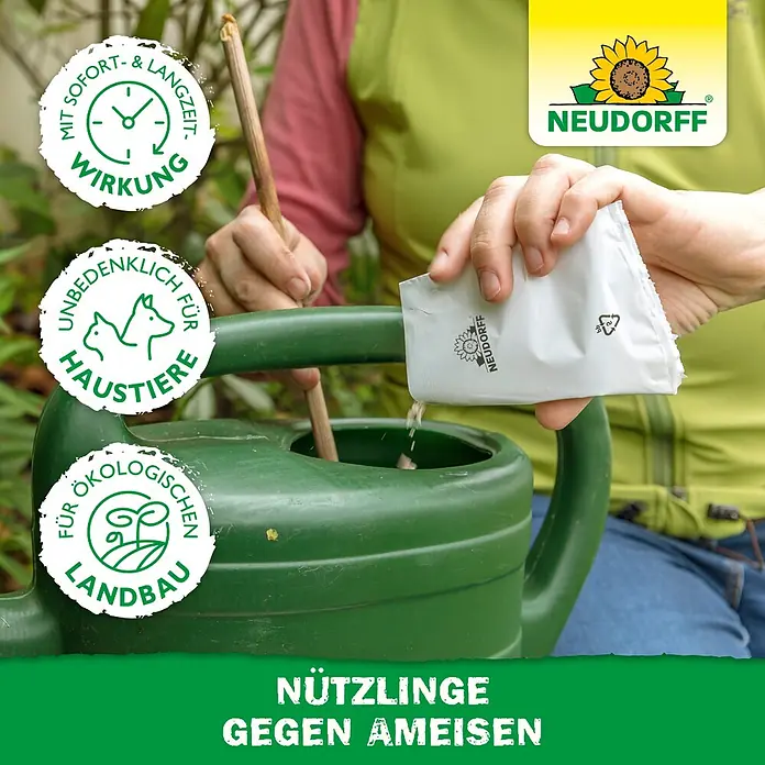 Neudorff Bestellkarte Nützlinge - Passend für: Bis zu 10 Ameisennester - Eine Person gießt Neudorff Granulat gegen Ameisen aus einem weißen Sachet in eine grüne Gießkanne.