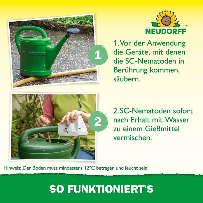 Neudorff Bestellkarte Nützlinge - Wiesenschnaken, Max. Anwendungsfläche: 20 m² - Anleitung: Gießgeräte reinigen, dann Neudorff SC-Nematoden aus dem Beutel in eine grüne Gießkanne mischen.
