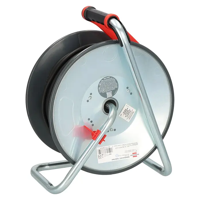 Brennenstuhl Kabeltrommel SC 4100 - Stahlblech, 40 m, H07RN-F, IP44 - Schwarz-rote Kabeltrommel mit silbernem Metallgestell zum ordentlichen Aufwickeln elektrischer Kabel.