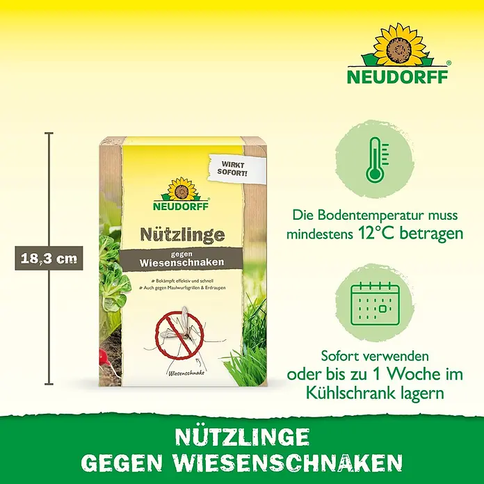 Neudorff Bestellkarte Nützlinge - Wiesenschnaken, Max. Anwendungsfläche: 20 m² - NEUDORFF Packung Nützlinge (18,3 cm) gegen Wiesenschnaken, Maulwurfsgrillen und Erdraupen. Text: "Wirkt sofort!"