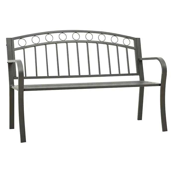 Furnicato Gartenbank pulverbeschichtet - B x T x H: 120 x 51 x 81 cm, Grau - Graue Metallgartenbank mit gewölbter Rückenlehne, Zierkreisen und Lattenrostsitzfläche.