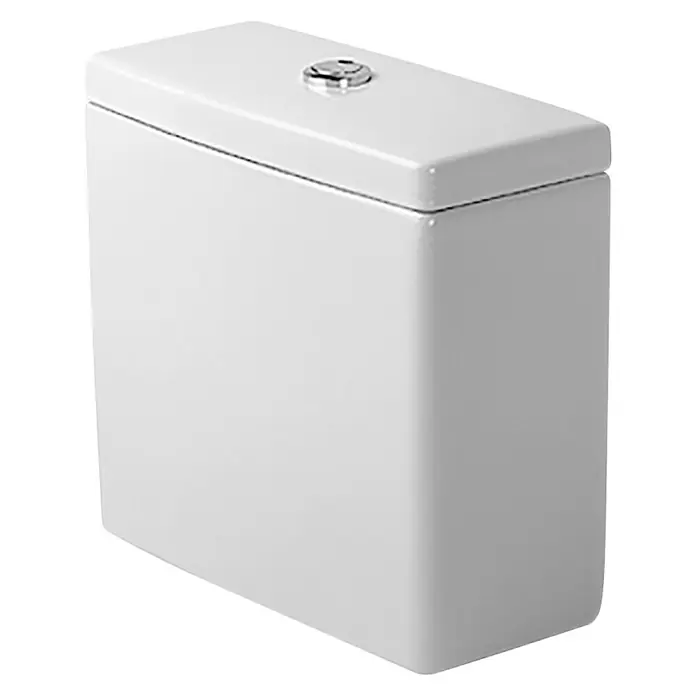 Duravit Starck 3 Spülkasten - Ohne Spezialglasur, Keramik, Weiß, Rechts - Nahaufnahme eines weißen Toilettenspülkastens mit abgerundeten Ecken und einem verchromten Spülknopf auf dem Deckel.