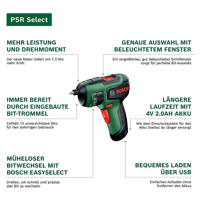 Bosch Akkuschrauber PSR Select - 3,6 V, 1 Akku, 2 Ah, 4,5 Nm - Grüner und schwarzer Bosch PSR Select Akku-Schrauber mit integriertem Bit-Magazin und roten Akzenten.