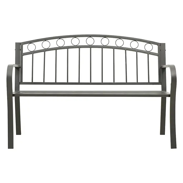 Furnicato Gartenbank pulverbeschichtet - B x T x H: 120 x 51 x 81 cm, Grau - Dunkelgraue Metall-Gartenbank mit gewölbter Rückenlehne, verziert mit Kreisen und vertikalen Streben.