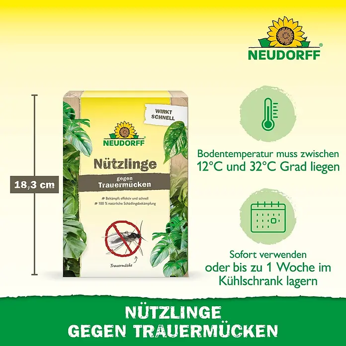 Neudorff Bestellkarte Nützlinge - Trauermücken, Ausreichend für bis zu 50 Pflanzen - Neudorff Nützlinge gegen Trauermücken, eine gelb-grüne Kartonverpackung, 18,3 cm hoch, zur natürlichen Schädlingsbekämpfung.