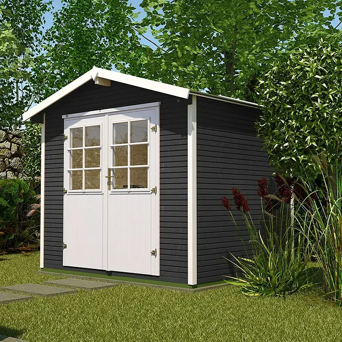 Weka wekaLine Gerätehaus Gr. 1 - Holz, Anthrazit, Weiß - Ein dunkler Holzschuppen mit weißen Akzenten und Doppeltüren, umgeben von üppigem Grün im Garten. Ideal für die Gartenaufbewahrung.