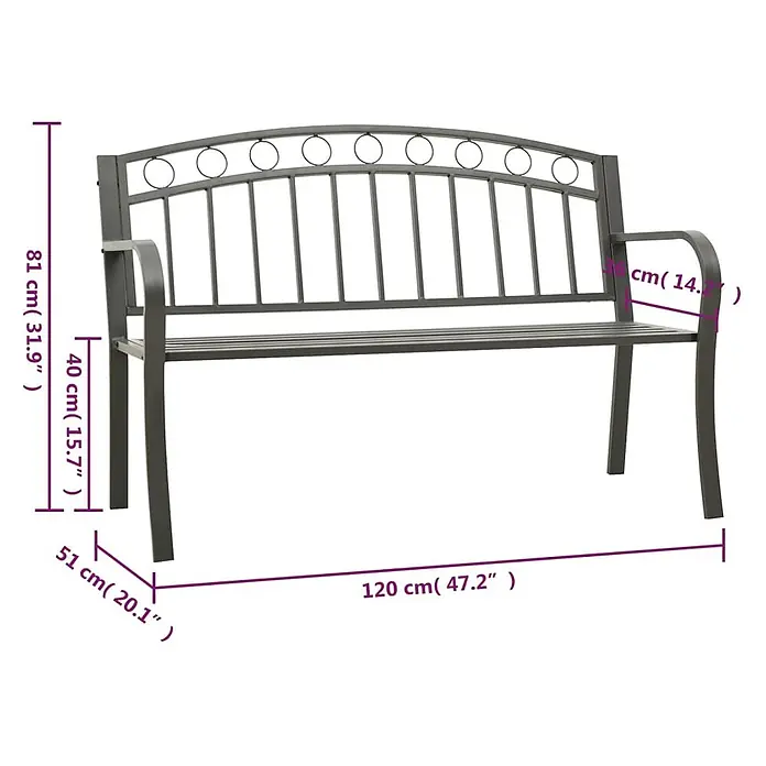 Furnicato Gartenbank pulverbeschichtet - B x T x H: 120 x 51 x 81 cm, Grau - Dunkelgraue Metall-Gartenbank mit geschwungener Rückenlehne und Armlehnen, ausgestattet mit einer Lattenrost-Sitzfläche. Maße inklusive.