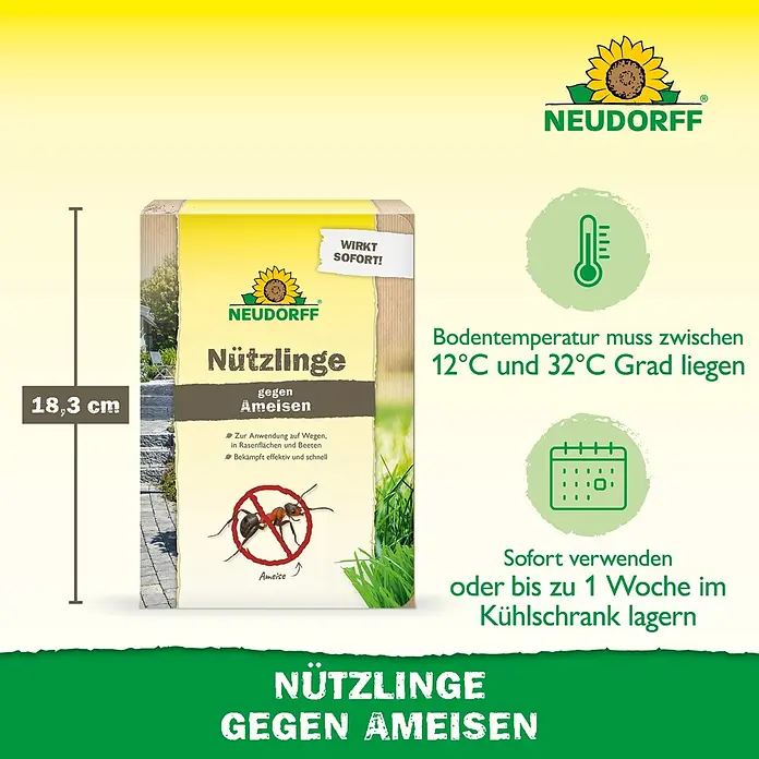 Neudorff Bestellkarte Nützlinge - Passend für: Bis zu 10 Ameisennester - Neudorff 18,3 cm Packung Nützlinge zur Ameisenbekämpfung, mit Ameise im roten Sperrsymbol.