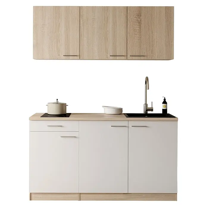 Respekta Miniküche Ingrid - Breite: 150 cm, Weiß, Mit Kochfeld - Moderne Küche mit hellen Holz-Oberschränken und weißen Unterschränken, Holzarbeitsplatte, Spüle, Kochfeld und Küchenutensilien.