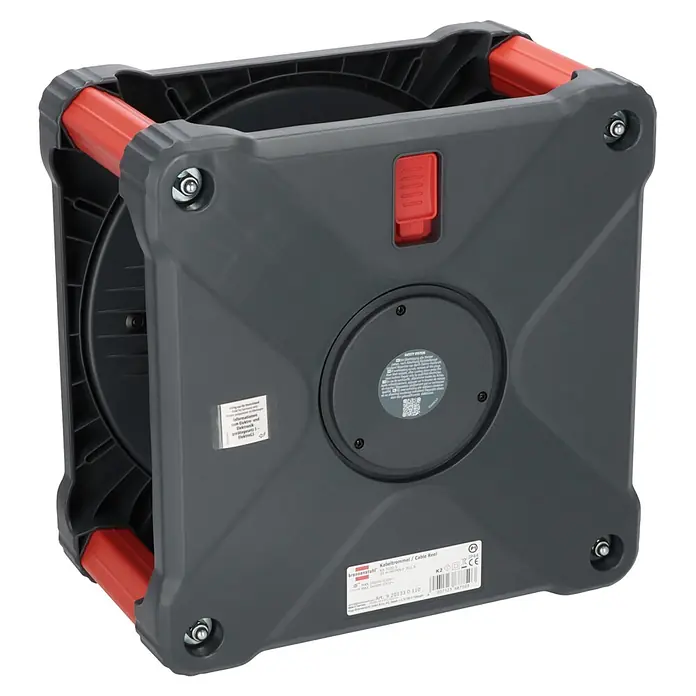 Brennenstuhl Kabeltrommel KA 3100 5 - Kunststoff, 33 m, H07RN-F, IP44 - Dunkelgraue, quadratische Kunststoff-Kabeltrommel mit roten Akzenten.