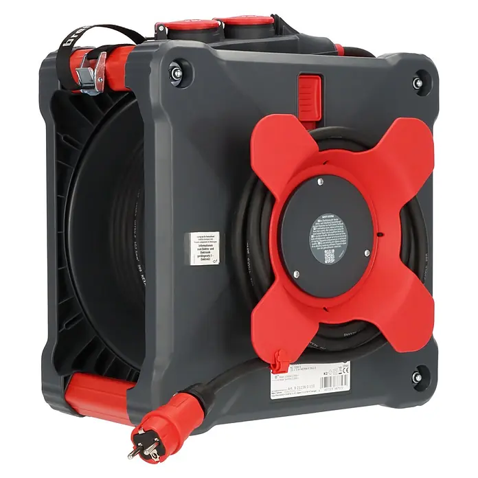 Brennenstuhl Kabeltrommel mit Powerblock KC 3200 5 - Kunststoff, 38 m, H07RN-F, IP44 - Robuste dunkelgraue und rote Kabeltrommel mit rotem Stecker und sternförmiger Kabelführung.