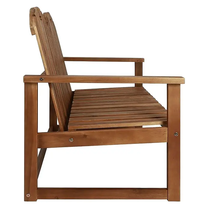 Furnicato Gartenbank Akazienholz geölt - B x T x H: 110 x 63 x 79 cm, Braun - Braune Holzbank mit Lattenrostsitz und -rückenlehne sowie Armlehnen, Seitenansicht.