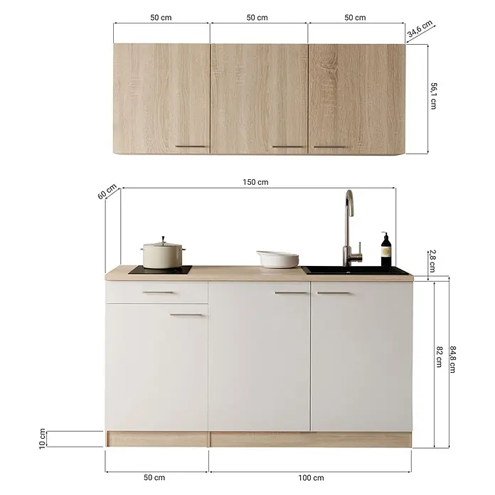 Respekta Miniküche Ingrid - Breite: 150 cm, Weiß, Mit Kochfeld - 150 cm breite Küchenzeile mit Holzdekor-Oberschränken und Arbeitsplatte, weißen Unterschränken, Spüle und Kochfeld.