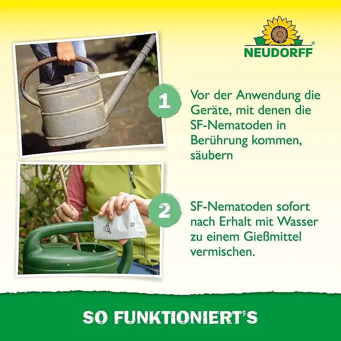 Neudorff Bestellkarte Nützlinge - Passend für: Bis zu 10 Ameisennester - Zwei Bilder zur Produktvorbereitung: Reinigung einer alten Metallgießkanne, dann Mischen eines NEUDORFF-Beutels in eine grüne Gießkanne.