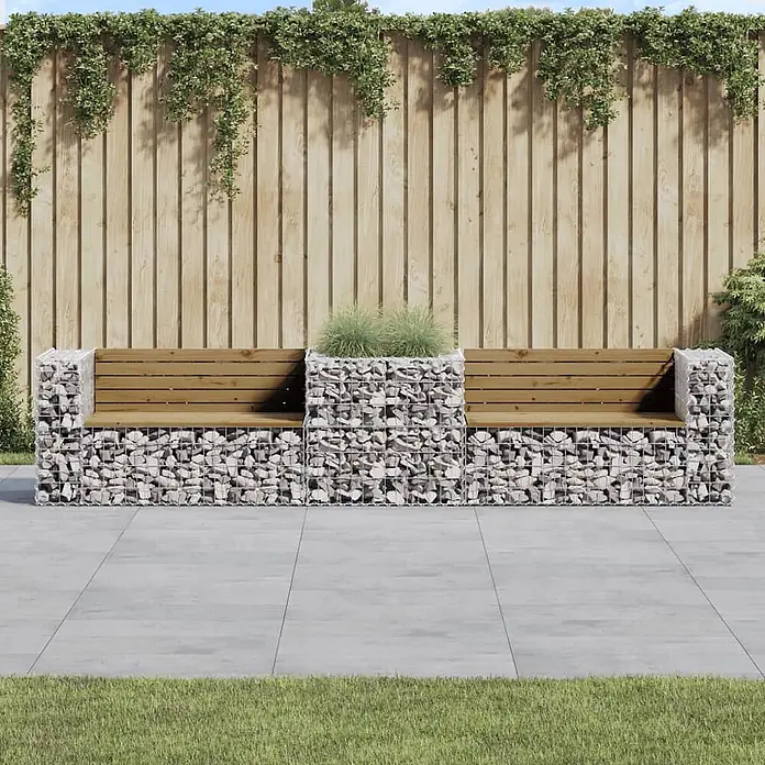 Furnicato Gartenbank - Dunkelbraun - Gabionen-Gartenbank mit Holzsitzen, integriertem Pflanzgefäß und steingefüllter Drahtgitterstruktur.