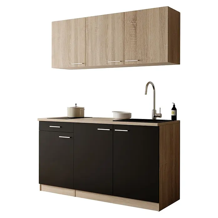 Respekta Miniküche Ingrid - Breite: 150 cm, Schwarz, Mit Kochfeld + Mikrowelle - Zweifarbige Küchenzeile mit hellen Hängeschränken aus Holz und dunklen Unterschränken, inklusive Spüle und Kochfeld.
