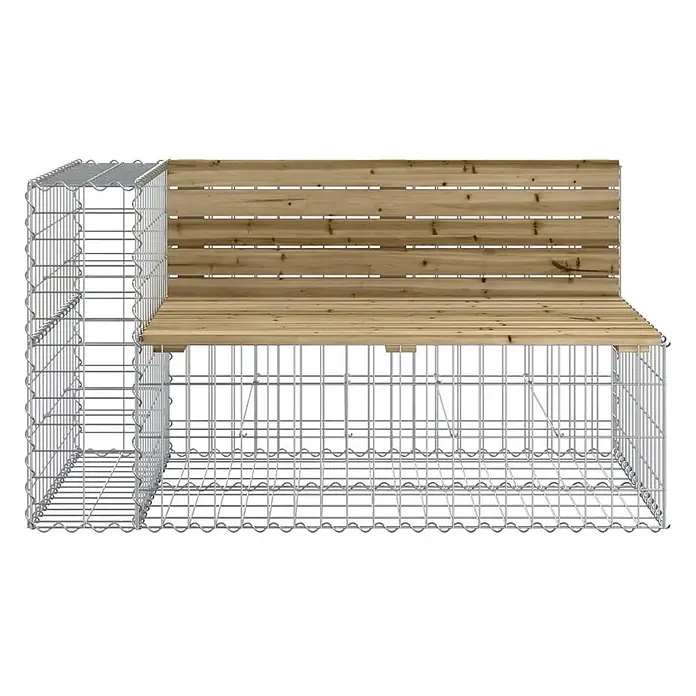 Furnicato Gartenbank - Dunkelbraun - L-förmige Gabionenbank mit silbernem Drahtgeflecht-Gestell und hellbrauner Holz-Sitzfläche und Rückenlehne.