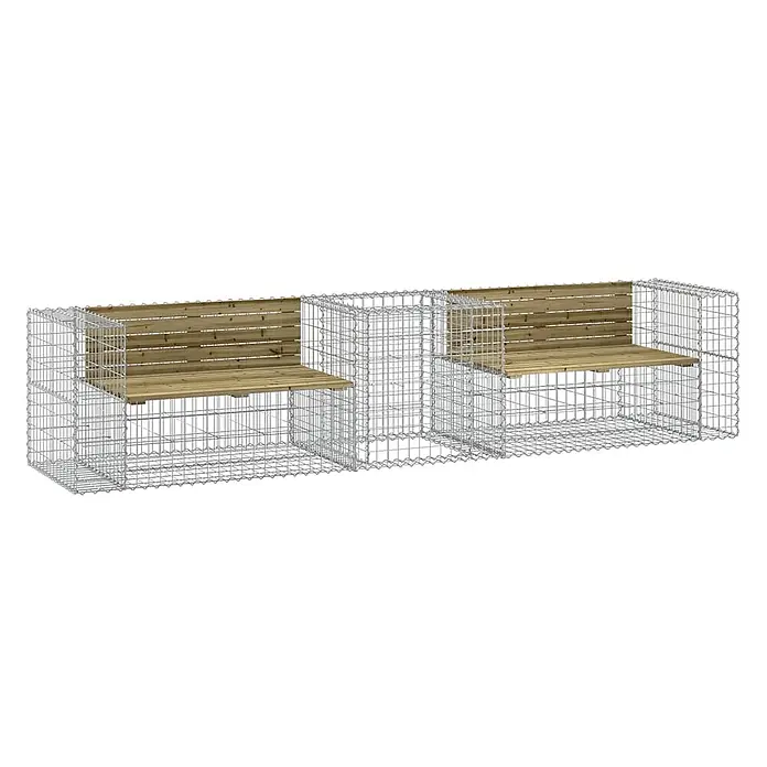 Furnicato Gartenbank - Dunkelbraun - Gabionenbank aus verzinktem Drahtgeflecht und Holzlatten, mit zwei Sitzbereichen und einem Mitteltisch.
