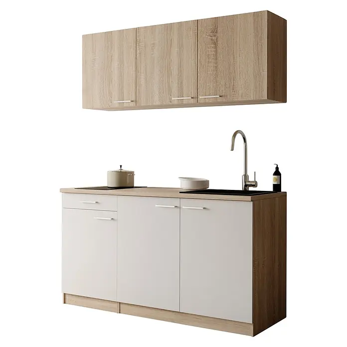 Respekta Miniküche Ingrid - Breite: 150 cm, Weiß, Mit Kochfeld - Moderne zweifarbige Küchenzeile mit hellen Holz-Oberschränken und weißen Unterschränken, inkl. Spüle und Kochfeld.