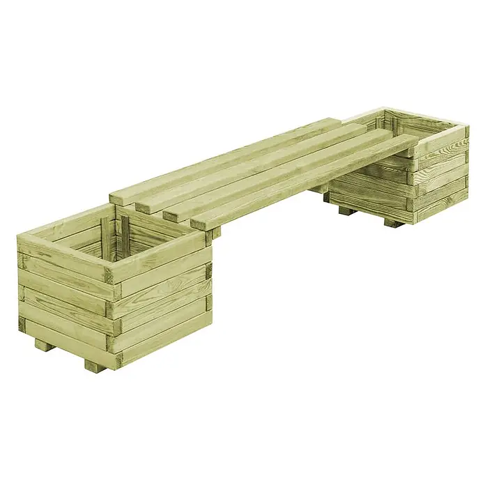 Furnicato Gartenbank Kiefernholz imprägniert - B x T x H: 196 x 40 x 36 cm, Grün - Zwei hellgrüne Holzpflanzgefäße, verbunden durch eine Holzlattenbank, bilden eine Pflanzbankkombination.