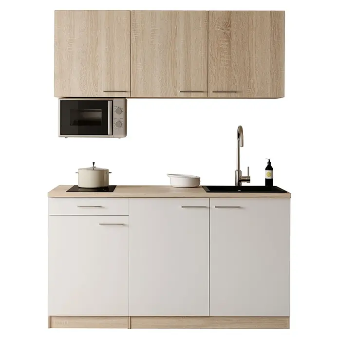 Respekta Miniküche Ingrid - Breite: 150 cm, Weiß, Mit Kochfeld + Mikrowelle - Moderne Küchenzeile mit Oberschränken aus hellem Holz und weißen Unterschränken. Mit Kochfeld, Spüle und Mikrowelle.